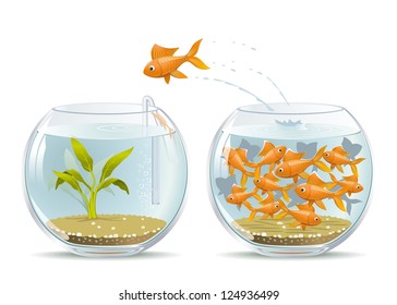 Start of a New Life. Illustration of fish jumping out of the crowded aquarium into a new life.