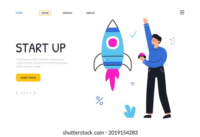 Start up new project. Businessman launches a rocket. Landing page template. Vector flat hand drawn illustration.