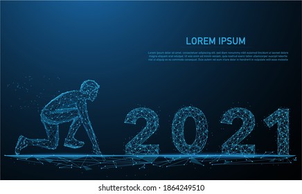 Start to the new year 2020 plans, goals, objectives illustration made by points and lines, polygonal wireframe connection structure blue background. Low poly greeting card. Vector. glowing blue.