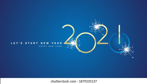 Start of New Year 2021 golden shining rounded typography blue background banner and turn on button