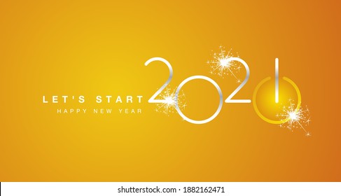 Start Of New Year 2021 Silver Shining Rounded Typography Orange Yellow Background Banner And Turn On Button