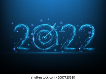 start new year 2022 low poly wireframe. Resolution and target number 2022. goal to achieve. vector illustration futuristic style. consisting of points, lines, and triangle. on blue dark background.