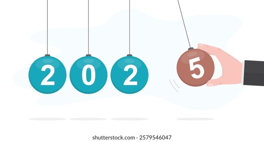 Start New Year 2025. Impact pendulum. Balancing balls Newton's cradle with 2025 new year text. Horizontal banner. Vector illustration template isolated on white background