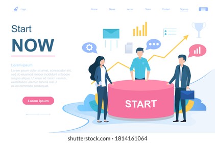 Start Now - do not procrastinate concept with motivated business team having a discussion and copyspace, colored vector illustration web page template