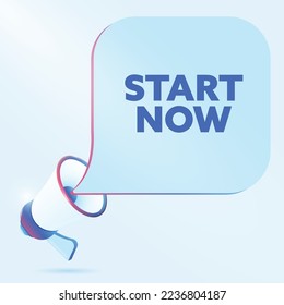 Beginnen Sie jetzt mit Text mit 3D-realistischer Megaphon-Vektorgrafik. Banner-Vorlage zur Bekanntgabe von Neuigkeiten über Webinar in sozialen Medien, Schulungen, Marketing-Technologie-Poster