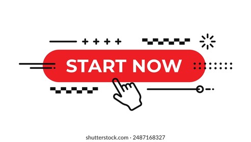 Start Now text with abstract button element. Speech Bubble with line hand pressing start button. Vector isolated on white background