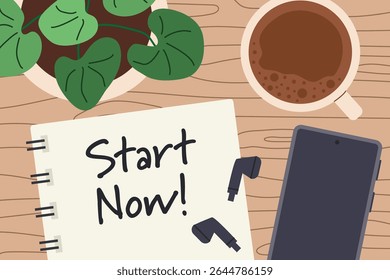 Start now written on a spiral notebook; ideal for use in self-improvement blogs, coaching websites, business presentations, or motivational materials- vector illustration