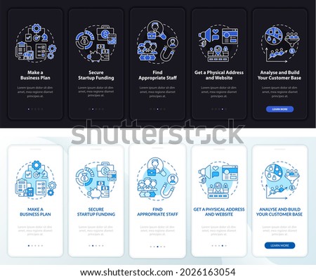 Start up onboarding mobile app page screen. Starting business walkthrough 5 steps graphic instructions with concepts. UI, UX, GUI vector template with linear night and day mode illustrations
