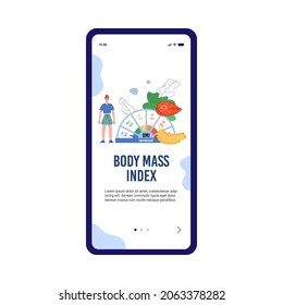 Start onboarding page interface on obesity problem and healthy BMI or maintaining body mass index, flat vector illustration. Mobile app for nutritionist services.