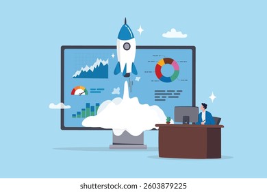Start online business, website analytics, building internet e-commerce, marketing optimization dashboard chart diagram, smart online strategy, businessman working with computer launch website rocket.