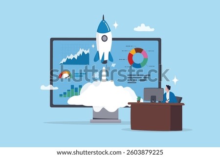 Start online business, website analytics, building internet e-commerce, marketing optimization dashboard chart diagram, smart online strategy, businessman working with computer launch website rocket.