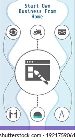 start own business from home editable infographic template with icons of Purse, Agreement, Email, Web design, Cbs, Compass, Tractor