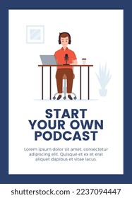 Start own podcast concept of banner or poster. Promotional banner for posting on social networks learning how to run a podcast, flat vector illustration.