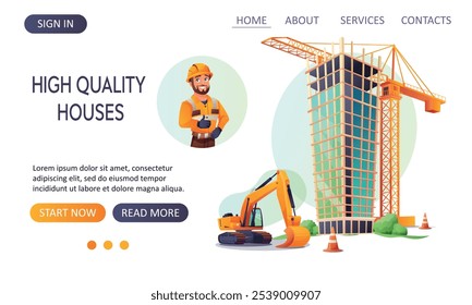 Página inicial de uma empresa de construção que constrói casas. Conceito de construção de um edifício de vários andares. Um homem construtor em um capacete mostra um polegar para cima. Ilustrações vetoriais em estilo cartoon. Modelo de site