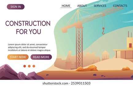 Start page for a construction company that builds houses. Construction crane on a construction site. Vector illustrations in cartoon style. Website template.