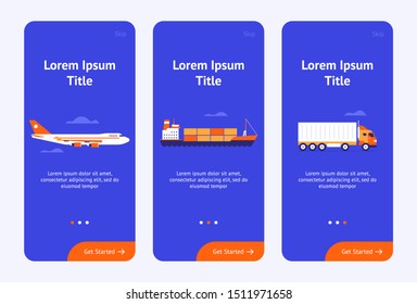 Start page for logistic application with the specific items: flight, sheep and the vehicle. Detailed flat design vector illustration.