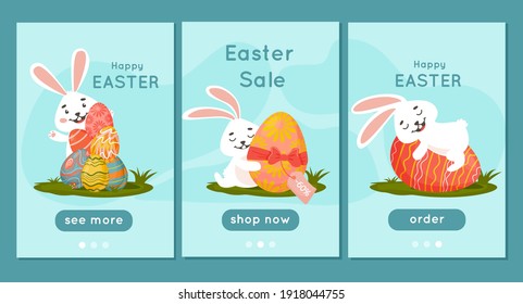 Start page for the mobile application. Easter bunnies with eggs in a meadow. Discount flyer.Vector illustration for website, poster, promotion, advertisement, coupon, banner, flyer