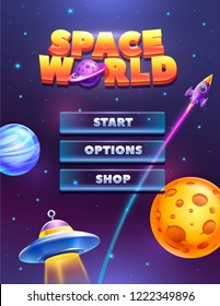 Start Page For The Space Game. Planets And Spacecraft Against The Background Of Space. Galaxy Game Design.