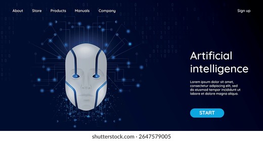 Start page of the website with an image of an artificial intelligence head in a mask. Technologies of the future