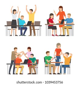 Start up people at work set, collection of images with start up and teamwork, successful ideas and thoughts vector illustration isolated on white