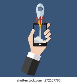 start up in phone / business concept / flat design / illustration / vector