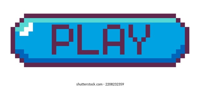 Start play button, isolated elements for oldschool video interface. Click to begin next level, box with text, copy space. Pixel art, 8 bit retro graphics, old game design. Vector in flat style