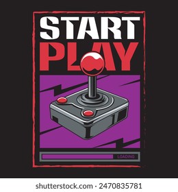 Start Play Slogan with Classic Arcade Joystick in Cartoon Vector Illustration for T-Shirt Design