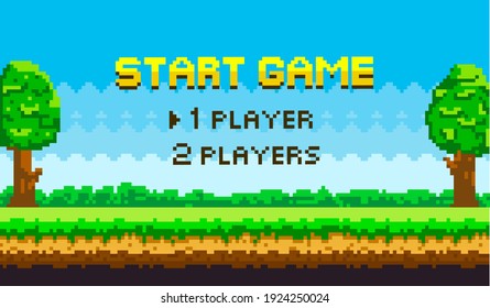 Start for players pixel-game background. Pixel art game scene with green grass and tall trees against blue sky, pixelated template for computer game or app. Flat nature landscape vector illustration