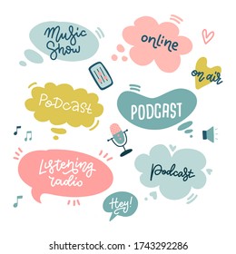 Start podcasting lettering stickers with speach bubbles and handwritten typography for podcast course or school, producing selfmade podcast shows, handwritten flat doodle letters, inspirational quote.