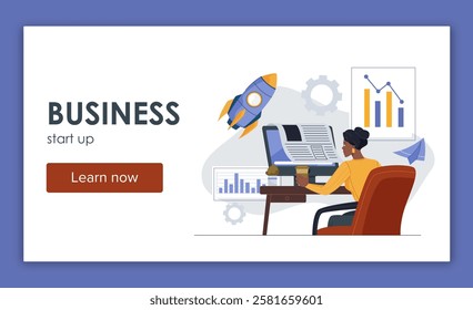 Start up poster. Woman with computer work on business project. Business and project development. Innovations and inventions. Startup launch. Landing webpage design. Flat vector illustration