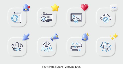Presentación inicial, Internet móvil e iconos de la línea de corazón. Botones con timbre 3d, discurso de chat, cursor. Paquete de inteligencia artificial, computación en la nube, icono de metodología. Vector