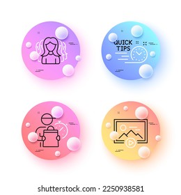 Start presentation, Quick tips and Delivery man minimal line icons. 3d spheres or balls buttons. Women group icons. For web, application, printing. Play photos, Helpful tricks, Express courier. Vector