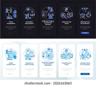 Start up problems onboarding mobile app page screen. Business walkthrough 5 steps graphic instructions with concepts. UI, UX, GUI vector template with linear night and day mode illustrations