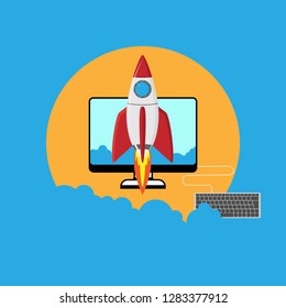 Start a project, business, startup. Start rocket on the background of a computer monitor and keyboard