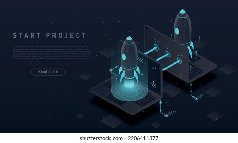 Start project concept. Startup, small business, innovation and workflow modernization. Metaphor of successful idea and insight, brainstorming. Modern technologies. Isometric vector illustration