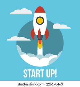 Start up project concept symbol. Space rocket ship fly into sky. Icon trendy modern flat design template vector illustration