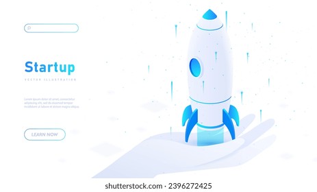 Start up project white poster. Rocket launch from hand. Business project and idea, inspiration. Landing page design. Cartoon isometric vector illustration isolated on white background