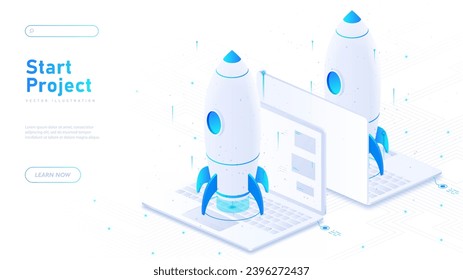 Start up project white poster. Rocket launch from laptop. Business project and idea, brainstorming. Landing page design. Cartoon isometric vector illustration isolated on white background