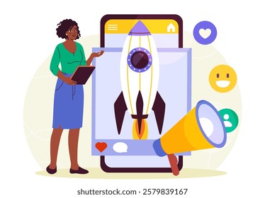 Start up promotion. Woman launches rocket on smartphone screen. Marketing and advertising on Internet. Financial literacy and passive income. Social media promotion. Flat vector illustration