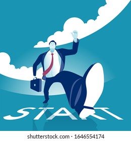 Empieza la carrera. El hombre de negocios está dando el primer paso. Ilustración de vectores de negocio