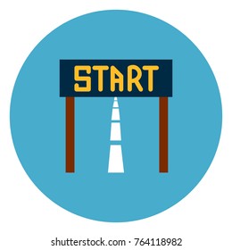 Start Race Icon Web Button On Round Blue Background Flat Vector Illustration