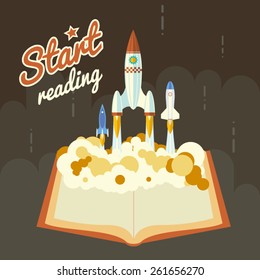 Start Reading Science Fiction Space Poster Concept Symbol Roket Ship Launch Flat Design Icon Template Vector Illustration