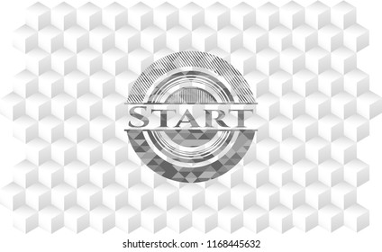 Start realistic grey emblem with geometric cube white background