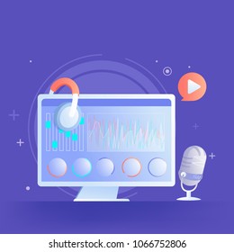 Start recording podcast. A computer with instruments, a microphone and headphones, and a program for processing audio. Vector flat banner