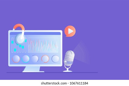 Start recording podcast. A computer with instruments, a microphone and headphones, and a program for processing audio. Vector flat banner