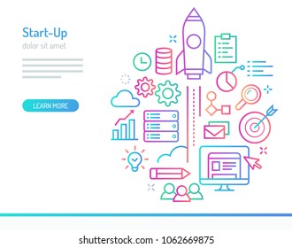 Start up related illustration. A space ship/ rocket launched over colorful info graphic elements.
