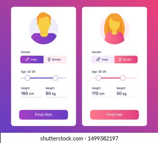 Start a relationship mobile application. UI simple design. Screens for dating app. 