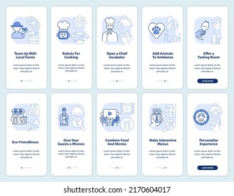 Start restaurant business light blue onboarding mobile app screen set. Walkthrough 5 steps editable graphic instructions with linear concepts. UI, UX, GUI template. Myriad Pro-Bold, Regular fonts used