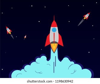Start the rocket against the black star sky. Conceptual banner start a startup, project or business