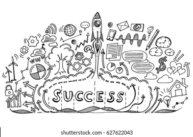 Start up rocket with business success doodle clouds.Doodle image. Stock Vector illustration.